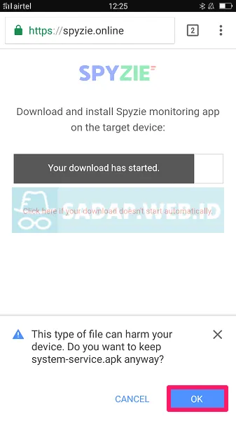 Peringatan ketika download Aplikasi Sadap SpyZieio