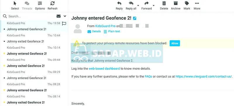 Pemberitahuan email lokasi geo fencing